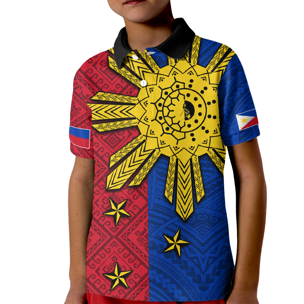 Philippines Sun Batok Tattoo Kid Polo Shirt Polynesian and Yakan Pattern - Wonder Print Shop