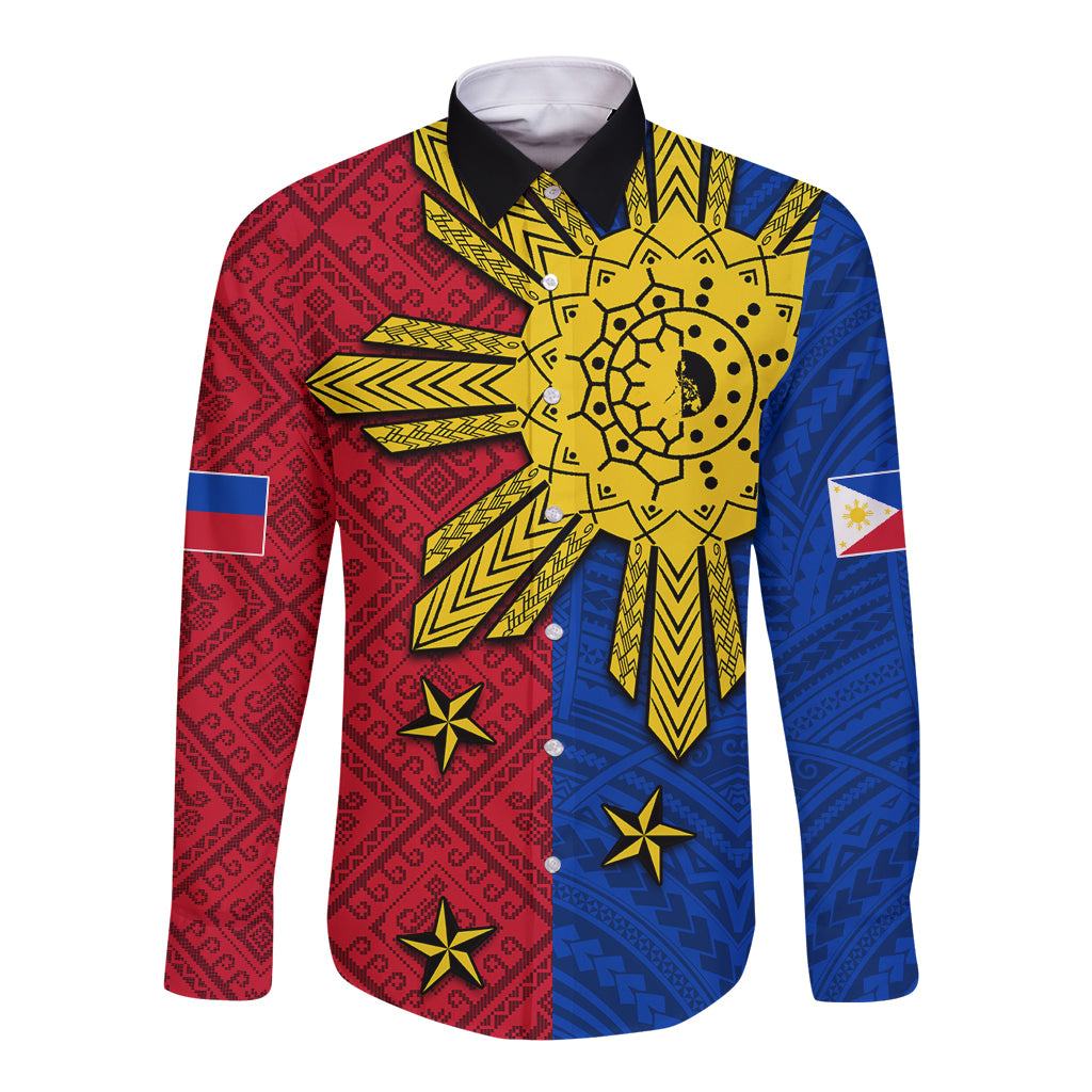 Philippines Sun Batok Tattoo Long Sleeve Button Shirt Polynesian and Yakan Pattern - Wonder Print Shop