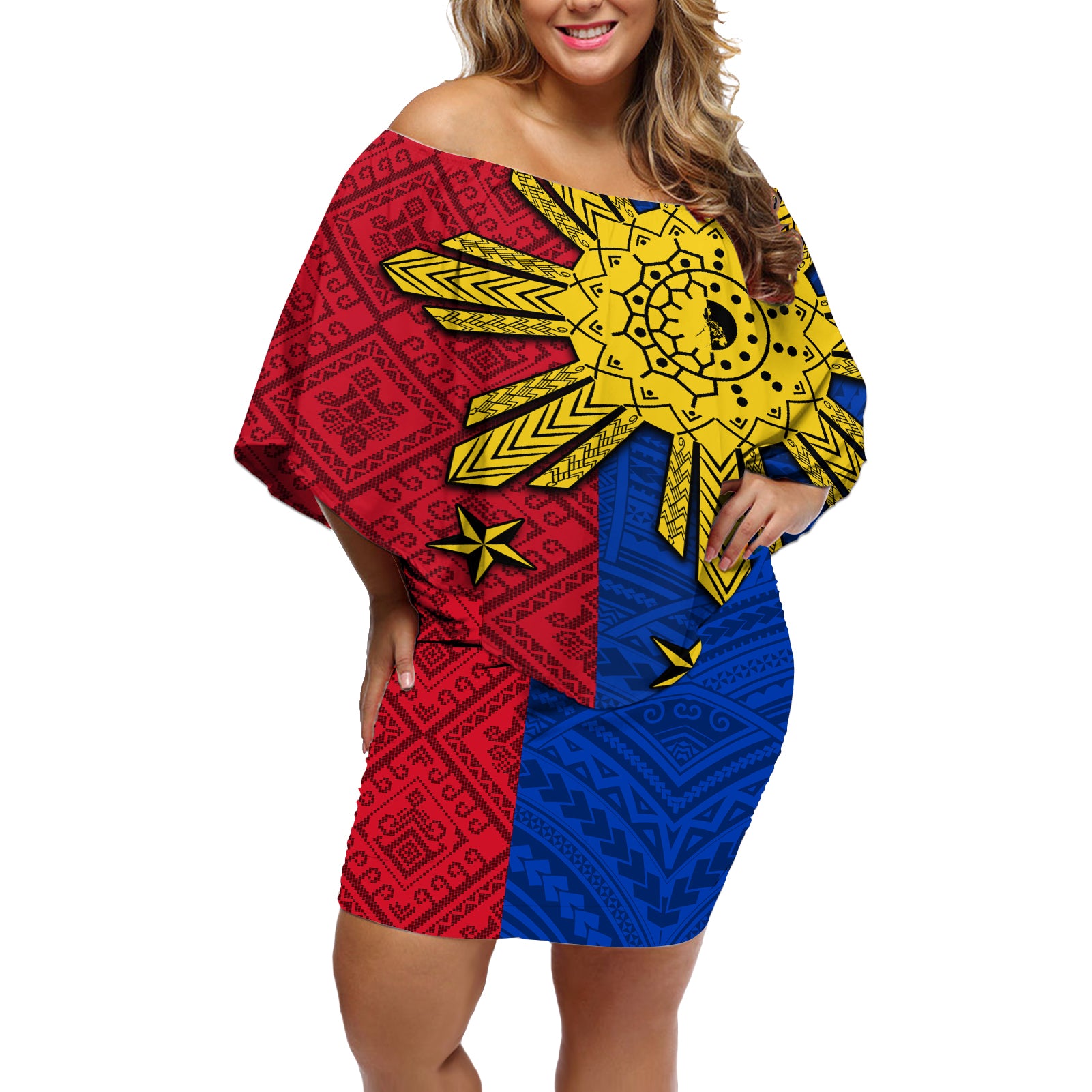 Philippines Sun Batok Tattoo Off Shoulder Short Dress Polynesian and Yakan Pattern - Wonder Print Shop