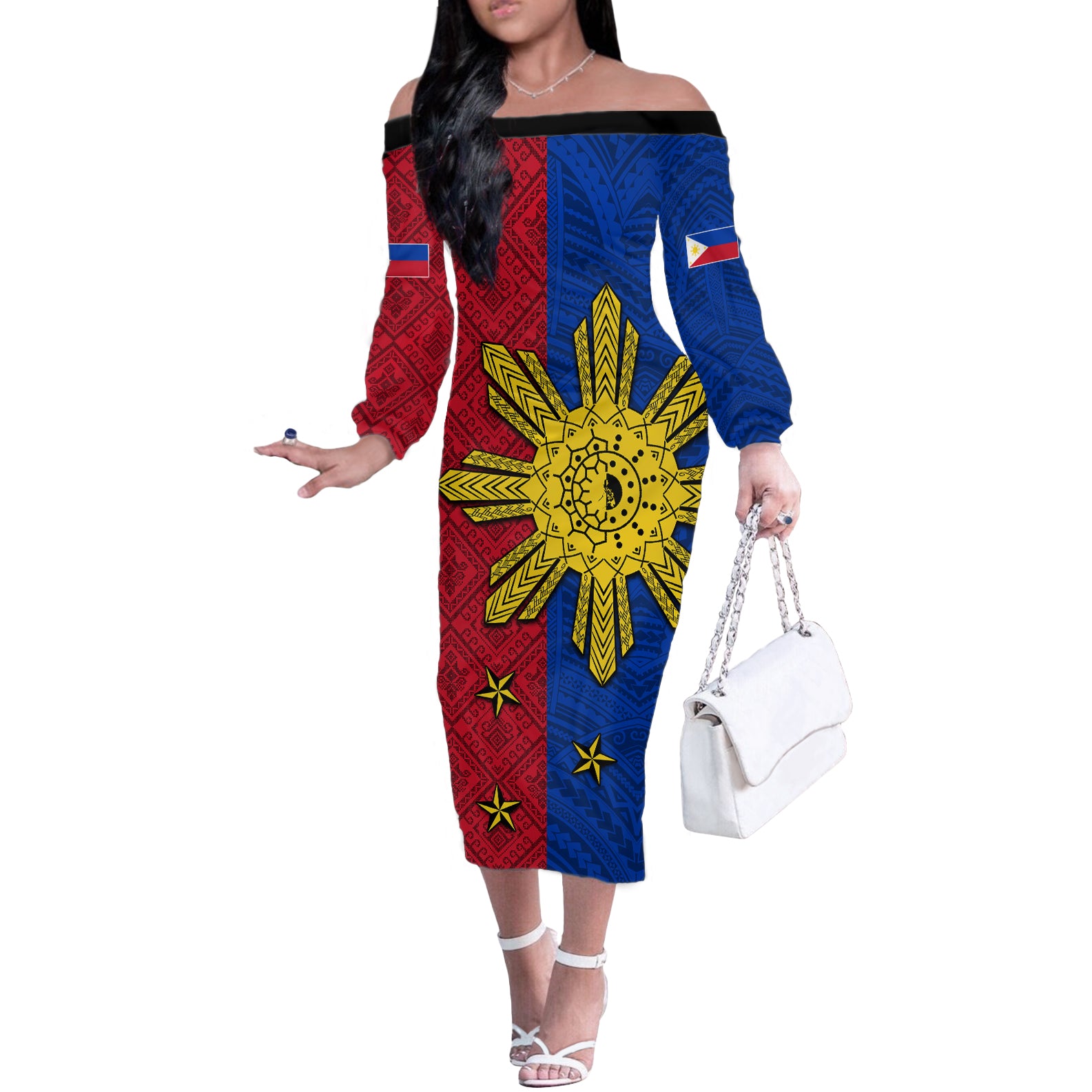 Philippines Sun Batok Tattoo Off The Shoulder Long Sleeve Dress Polynesian and Yakan Pattern - Wonder Print Shop
