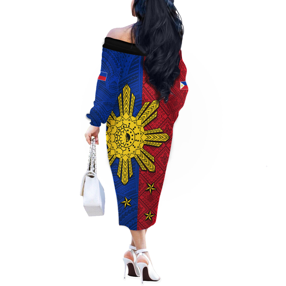 Philippines Sun Batok Tattoo Off The Shoulder Long Sleeve Dress Polynesian and Yakan Pattern - Wonder Print Shop