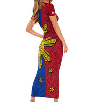 Philippines Sun Batok Tattoo Short Sleeve Bodycon Dress Polynesian and Yakan Pattern - Wonder Print Shop