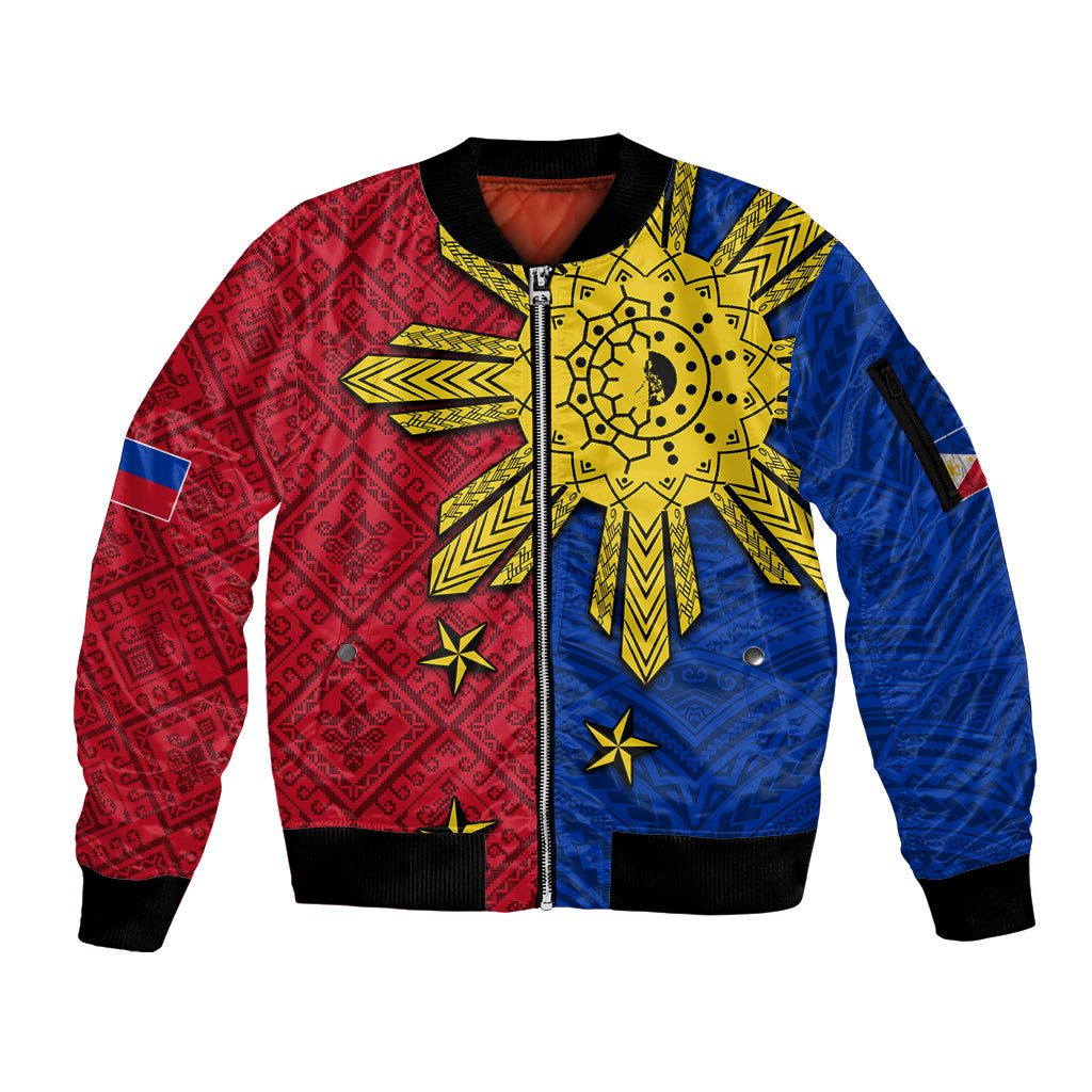 Philippines Sun Batok Tattoo Sleeve Zip Bomber Jacket Polynesian and Yakan Pattern - Wonder Print Shop