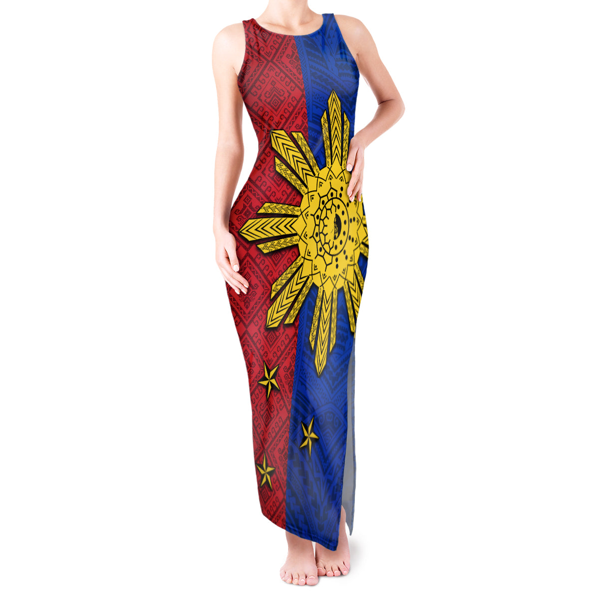 Philippines Sun Batok Tattoo Tank Maxi Dress Polynesian and Yakan Pattern - Wonder Print Shop