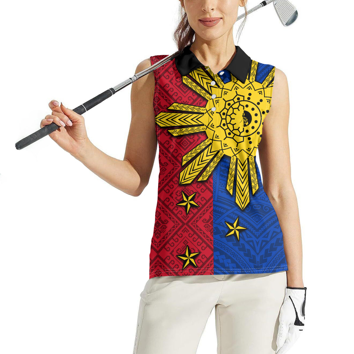 Philippines Sun Batok Tattoo Women Sleeveless Polo Shirt Polynesian and Yakan Pattern - Wonder Print Shop