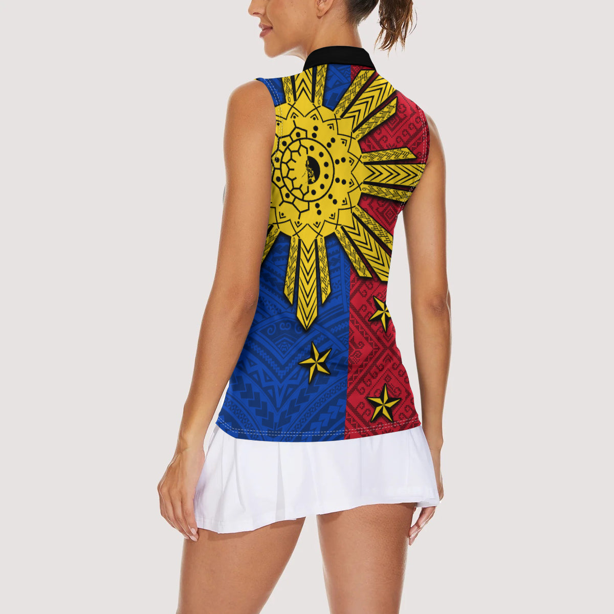 Philippines Sun Batok Tattoo Women Sleeveless Polo Shirt Polynesian and Yakan Pattern - Wonder Print Shop