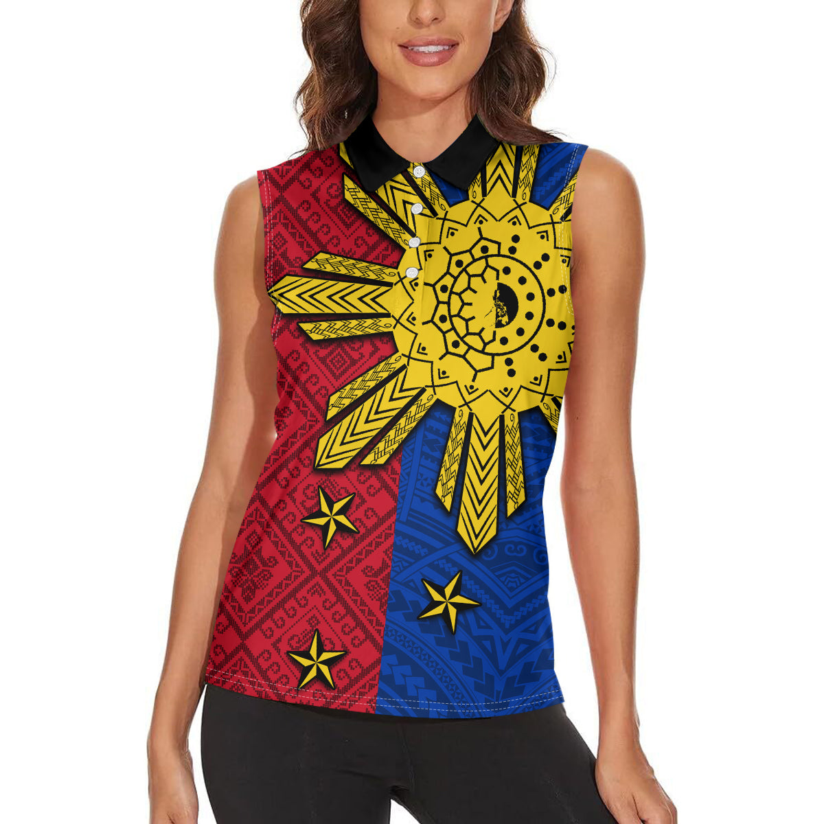Philippines Sun Batok Tattoo Women Sleeveless Polo Shirt Polynesian and Yakan Pattern - Wonder Print Shop