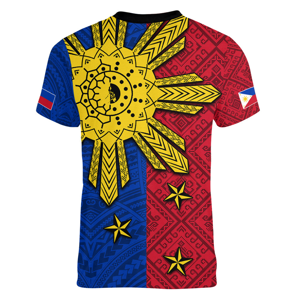 Philippines Sun Batok Tattoo Women V-Neck T-Shirt Polynesian and Yakan Pattern - Wonder Print Shop