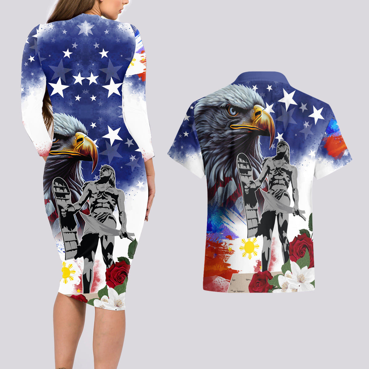 Philippines and American Together Couples Matching Long Sleeve Bodycon Dress and Hawaiian Shirt Filipino Lapulapu and Bald Eagle - Wonder Print Shop