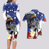Philippines and American Together Couples Matching Long Sleeve Bodycon Dress and Hawaiian Shirt Filipino Lapulapu and Bald Eagle - Wonder Print Shop