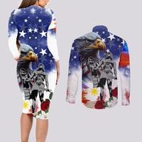 Philippines and American Together Couples Matching Long Sleeve Bodycon Dress and Long Sleeve Button Shirt Filipino Lapulapu and Bald Eagle - Wonder Print Shop