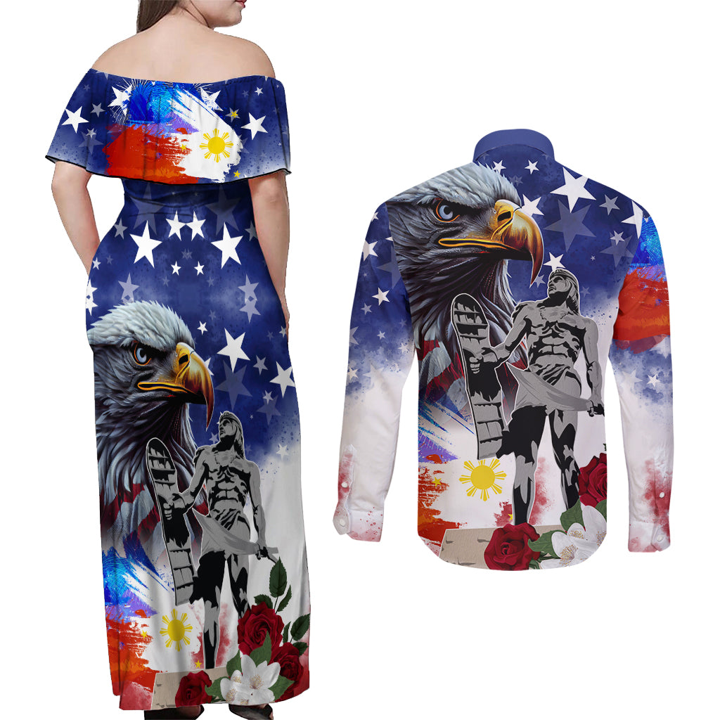 Philippines and American Together Couples Matching Off Shoulder Maxi Dress and Long Sleeve Button Shirt Filipino Lapulapu and Bald Eagle - Wonder Print Shop
