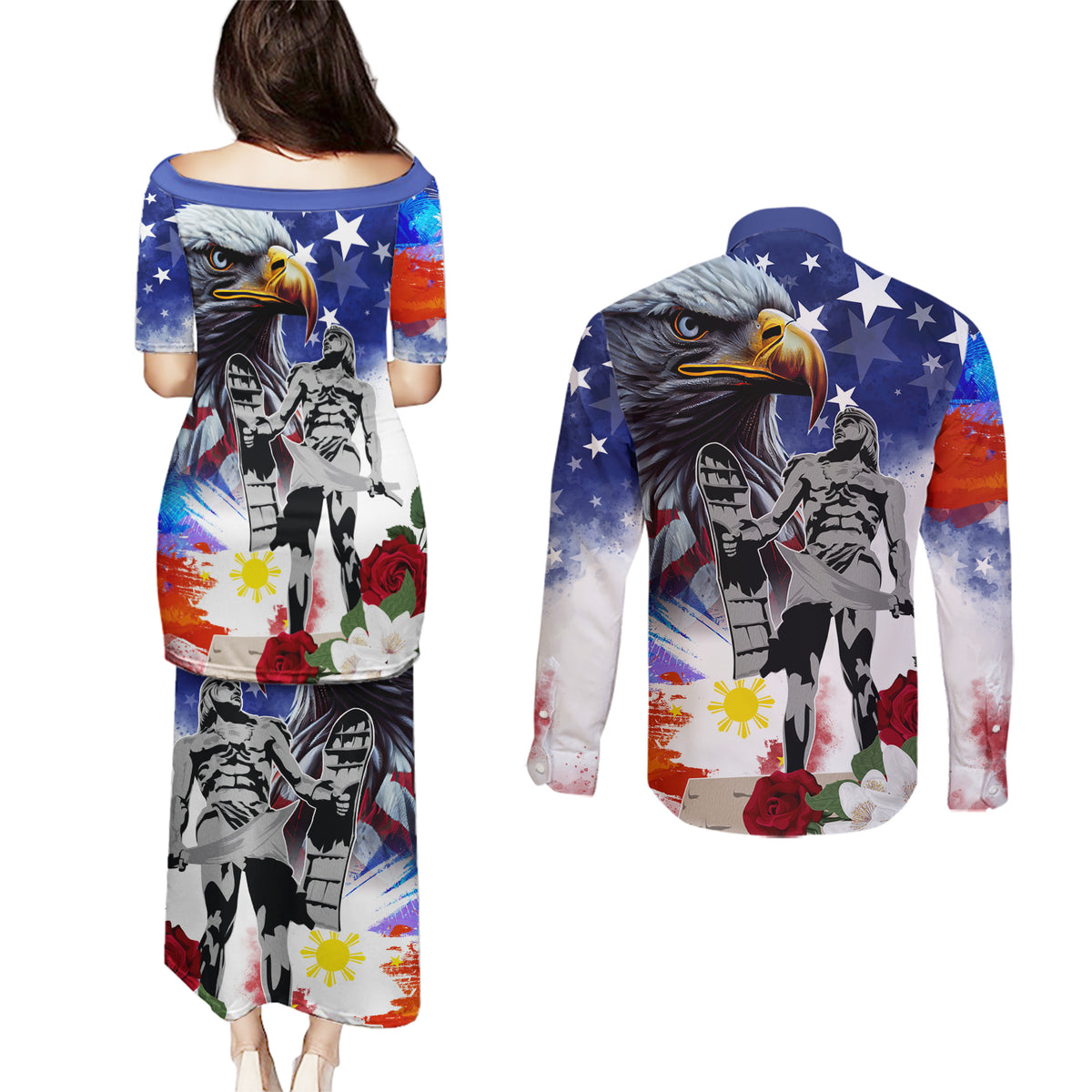 Philippines and American Together Couples Matching Puletasi and Long Sleeve Button Shirt Filipino Lapulapu and Bald Eagle - Wonder Print Shop