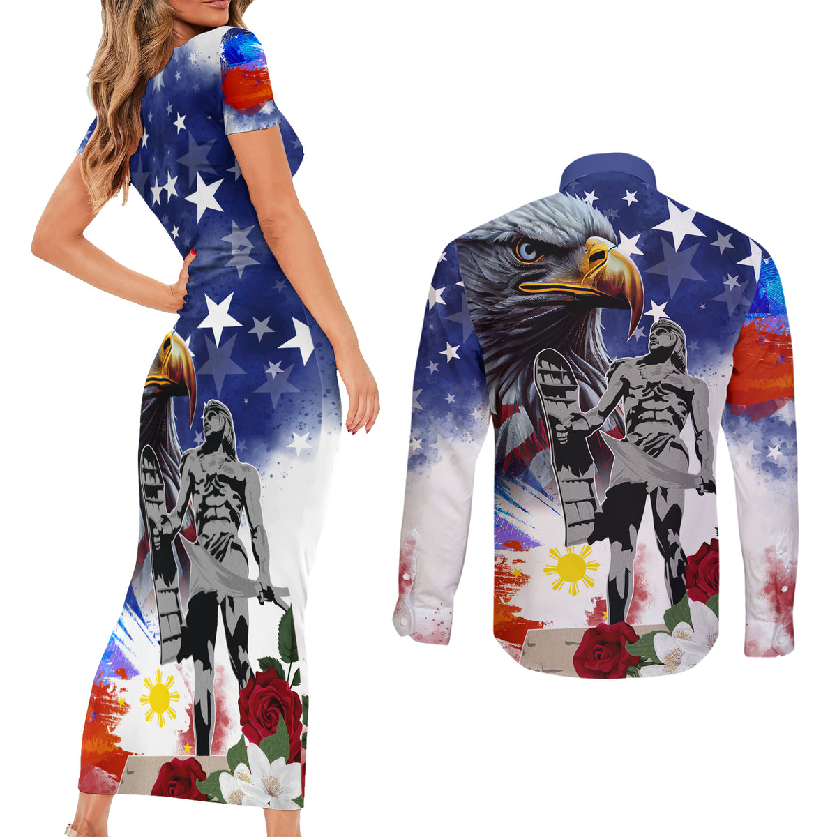 Philippines and American Together Couples Matching Short Sleeve Bodycon Dress and Long Sleeve Button Shirt Filipino Lapulapu and Bald Eagle - Wonder Print Shop