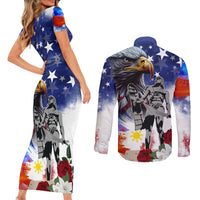 Philippines and American Together Couples Matching Short Sleeve Bodycon Dress and Long Sleeve Button Shirt Filipino Lapulapu and Bald Eagle - Wonder Print Shop
