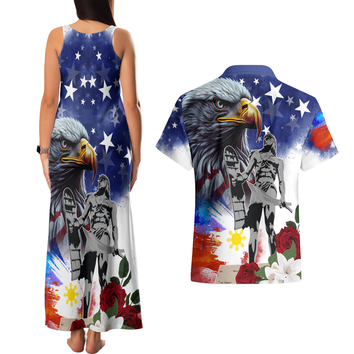 Philippines and American Together Couples Matching Tank Maxi Dress and Hawaiian Shirt Filipino Lapulapu and Bald Eagle - Wonder Print Shop