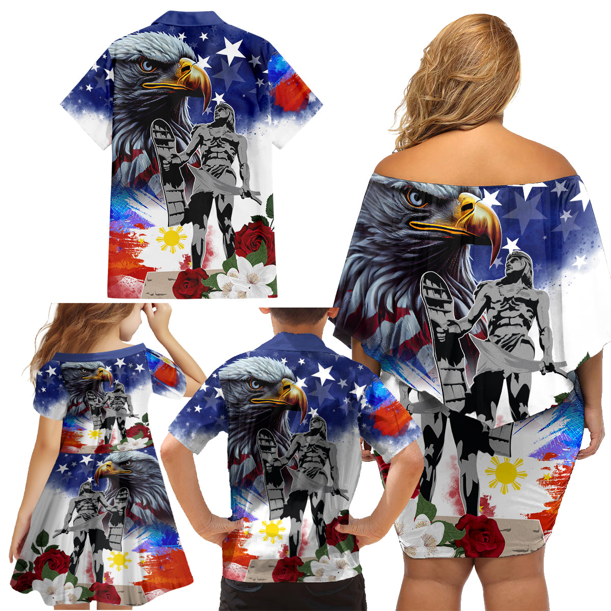 Philippines and American Together Family Matching Off Shoulder Short Dress and Hawaiian Shirt Filipino Lapulapu and Bald Eagle - Wonder Print Shop