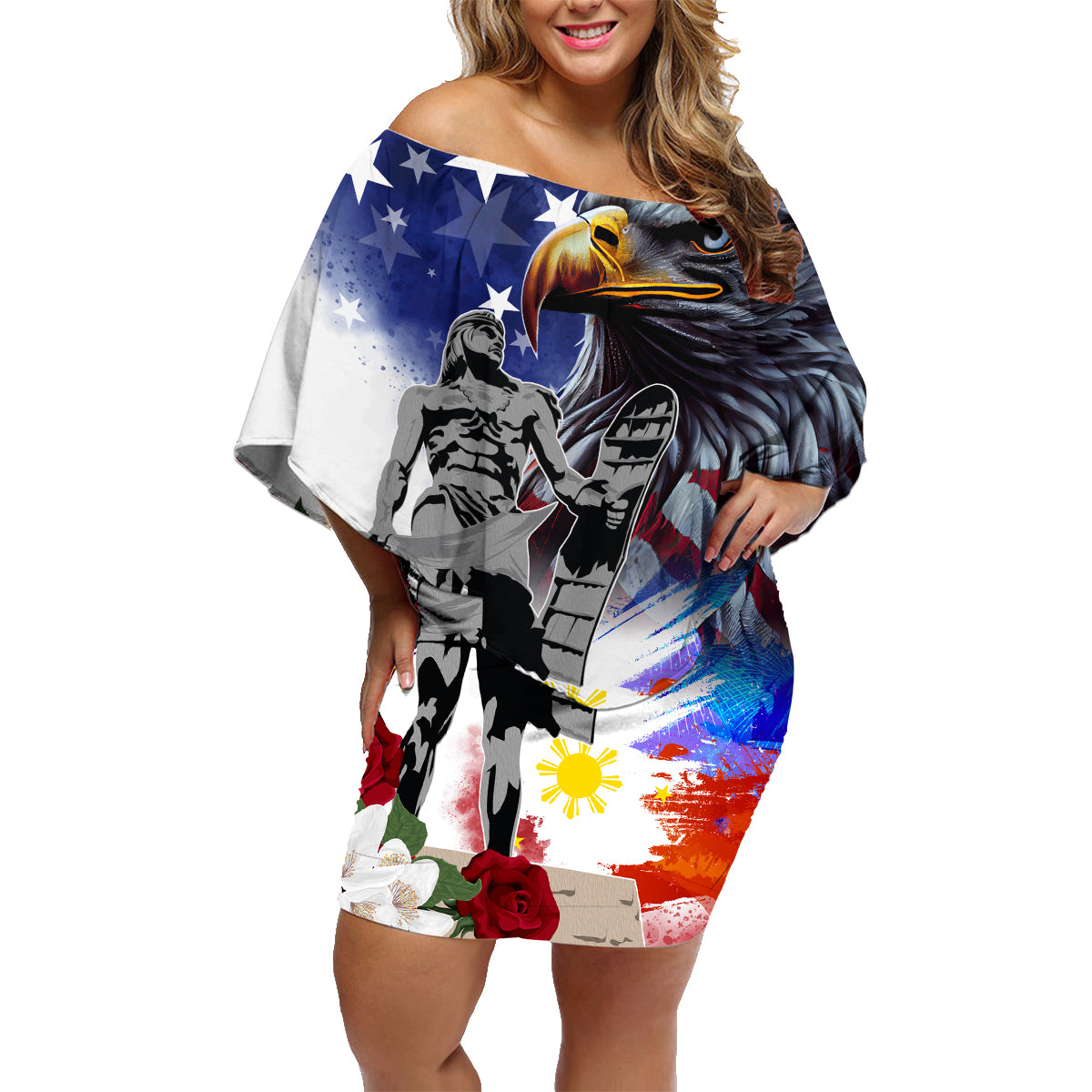 Philippines and American Together Family Matching Off Shoulder Short Dress and Hawaiian Shirt Filipino Lapulapu and Bald Eagle - Wonder Print Shop