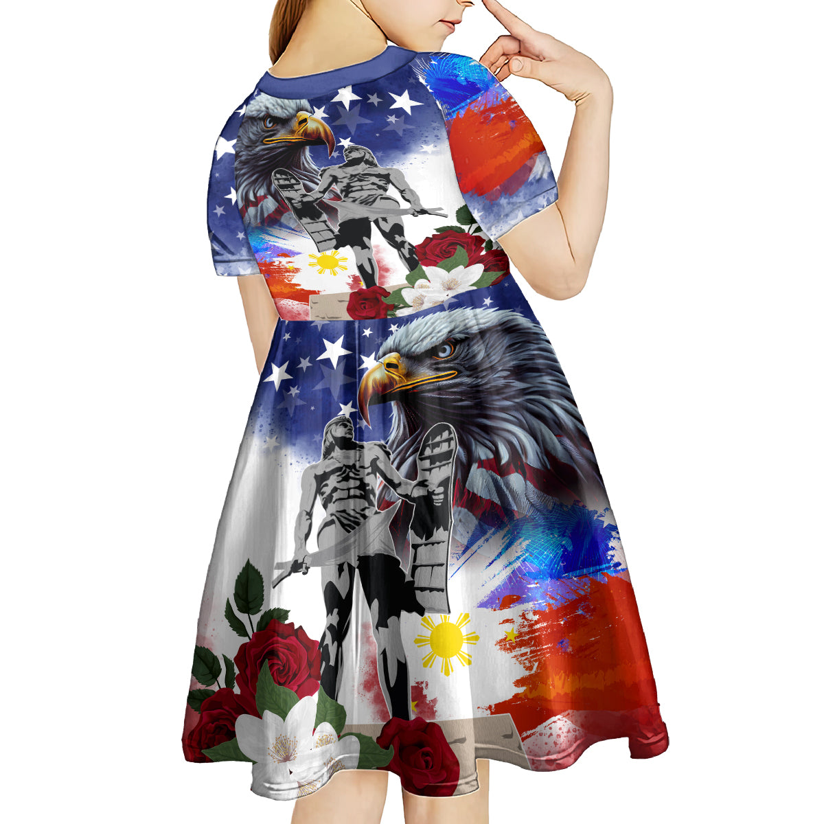 Philippines and American Together Kid Short Sleeve Dress Filipino Lapulapu and Bald Eagle - Wonder Print Shop