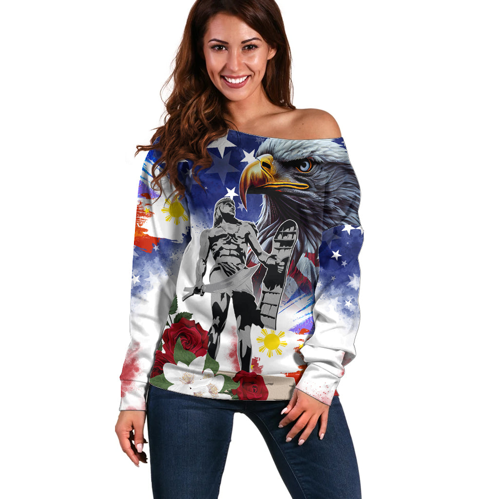 Philippines and American Together Off Shoulder Sweater Filipino Lapulapu and Bald Eagle