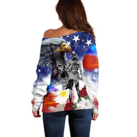 Philippines and American Together Off Shoulder Sweater Filipino Lapulapu and Bald Eagle - Wonder Print Shop