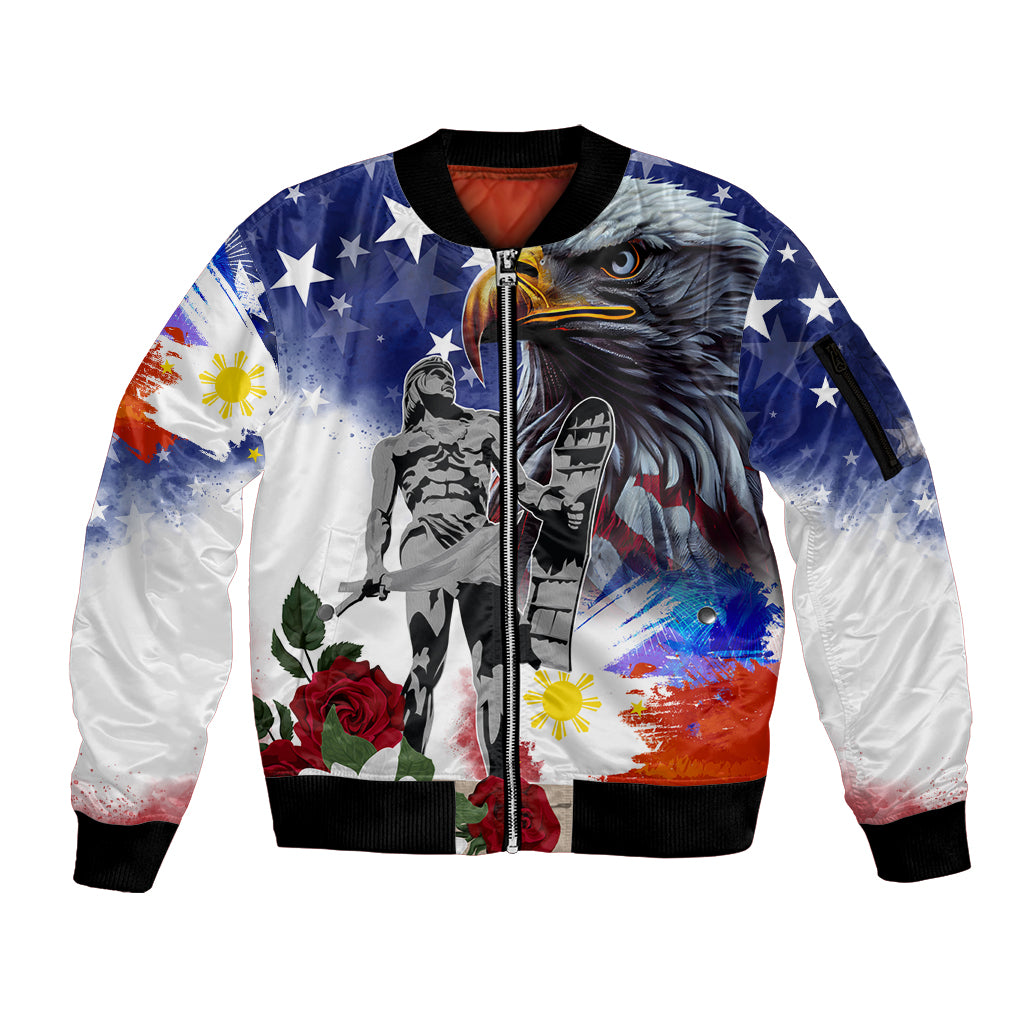 Philippines and American Together Sleeve Zip Bomber Jacket Filipino Lapulapu and Bald Eagle - Wonder Print Shop