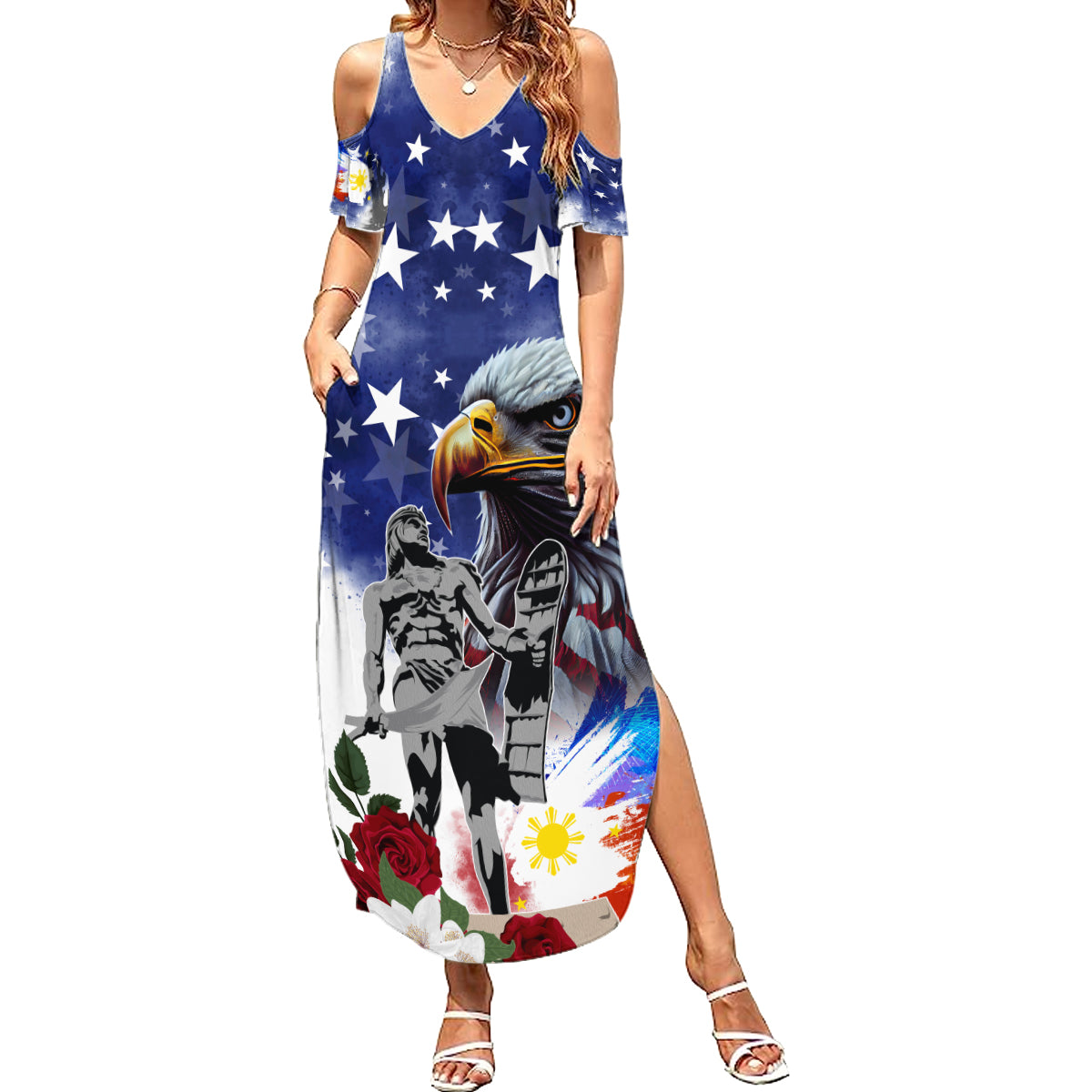 Philippines and American Together Summer Maxi Dress Filipino Lapulapu and Bald Eagle - Wonder Print Shop