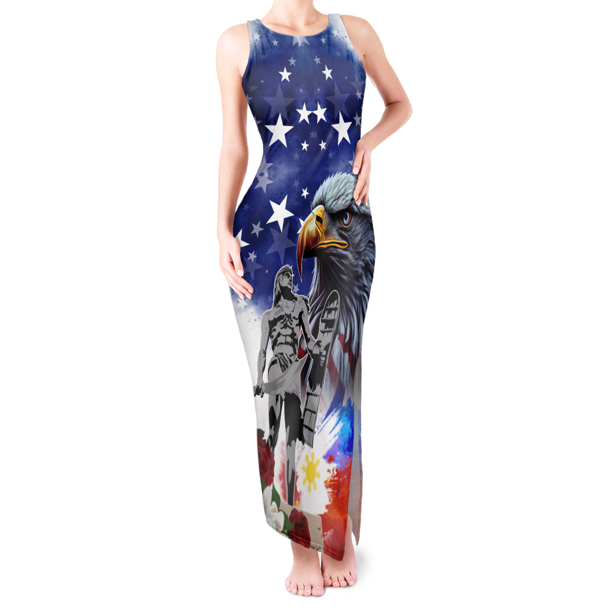 Philippines and American Together Tank Maxi Dress Filipino Lapulapu and Bald Eagle - Wonder Print Shop