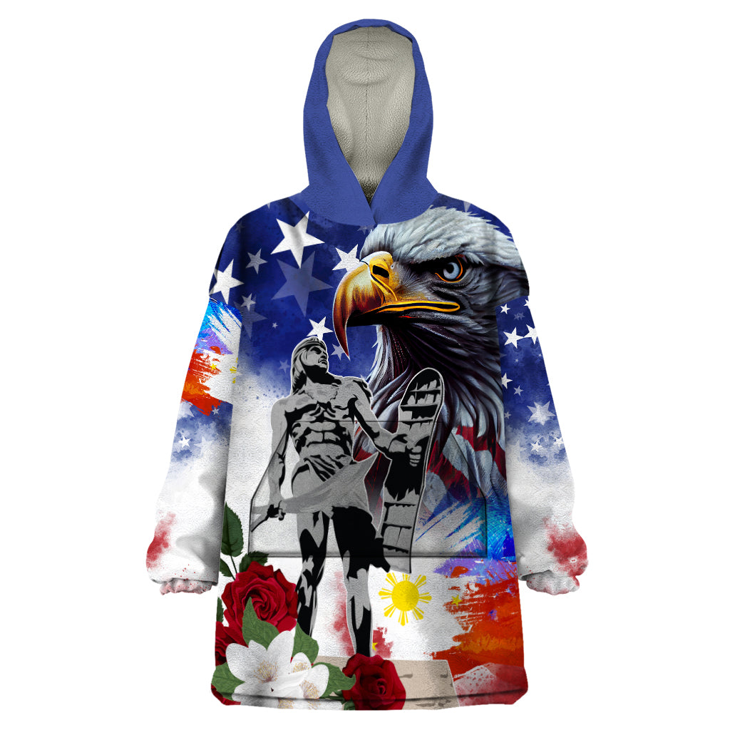 Philippines and American Together Wearable Blanket Hoodie Filipino Lapulapu and Bald Eagle