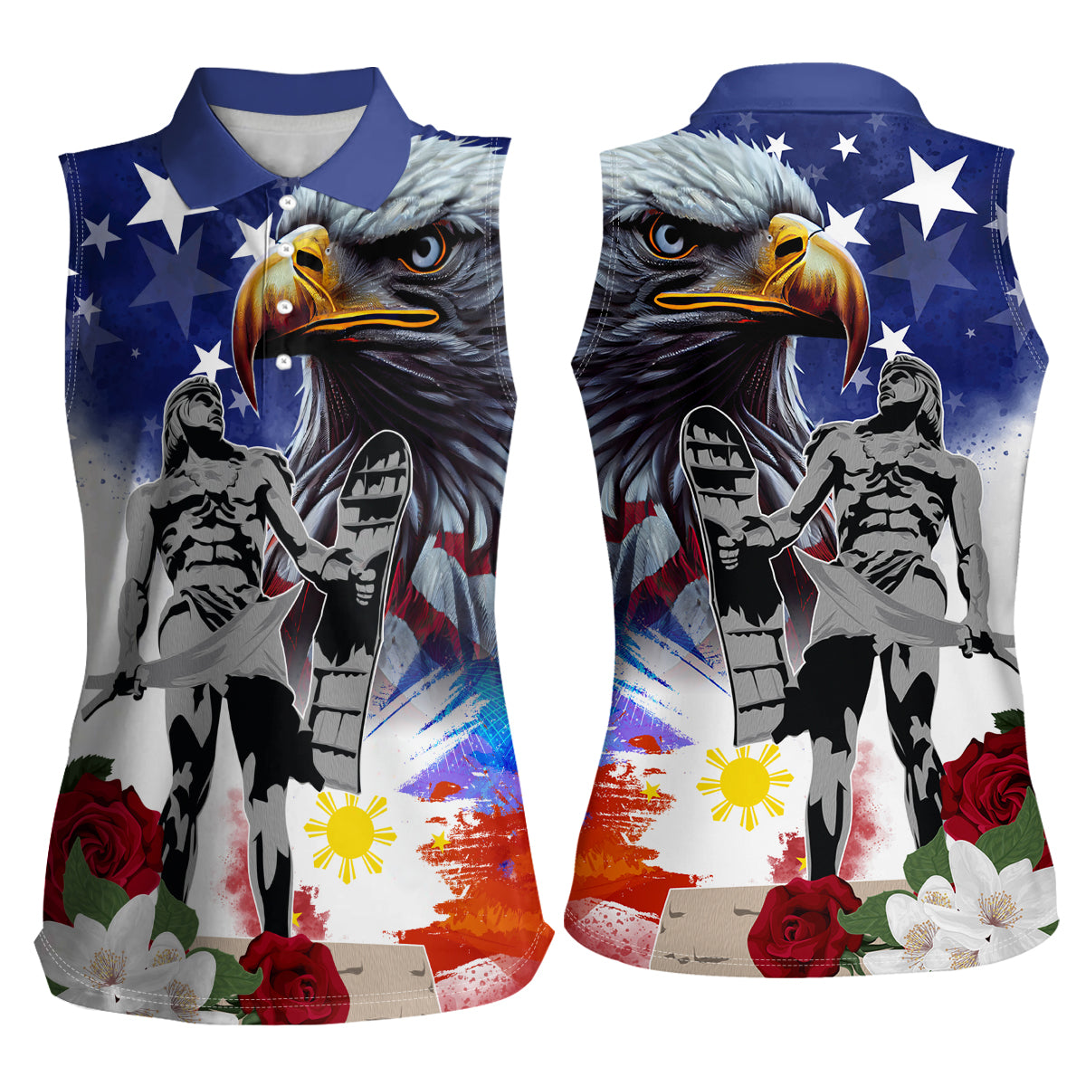 Philippines and American Together Women Sleeveless Polo Shirt Filipino Lapulapu and Bald Eagle - Wonder Print Shop