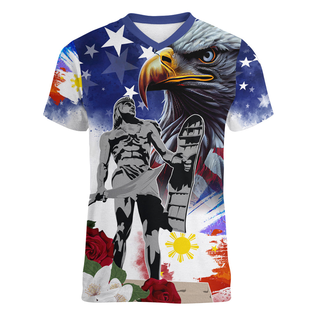 Philippines and American Together Women V-Neck T-Shirt Filipino Lapulapu and Bald Eagle - Wonder Print Shop