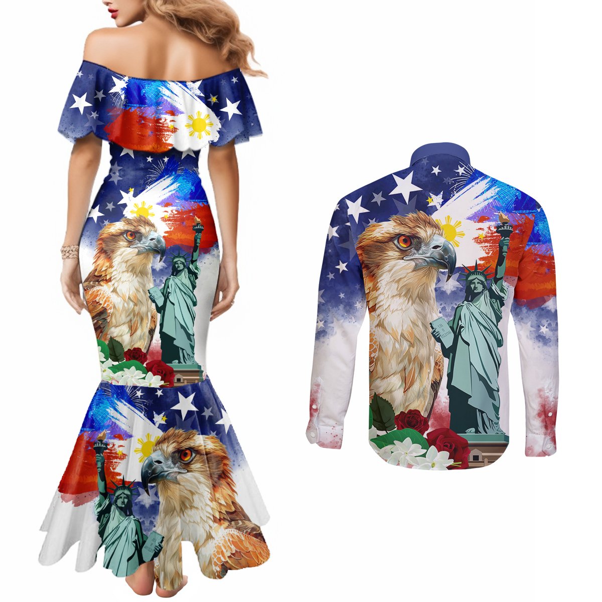 Philippines and American Together Couples Matching Mermaid Dress and Long Sleeve Button Shirt Filipino Eagle and Statue of Liberty