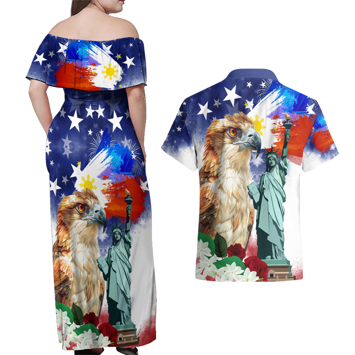 Philippines and American Together Couples Matching Off Shoulder Maxi Dress and Hawaiian Shirt Filipino Eagle and Statue of Liberty - Wonder Print Shop