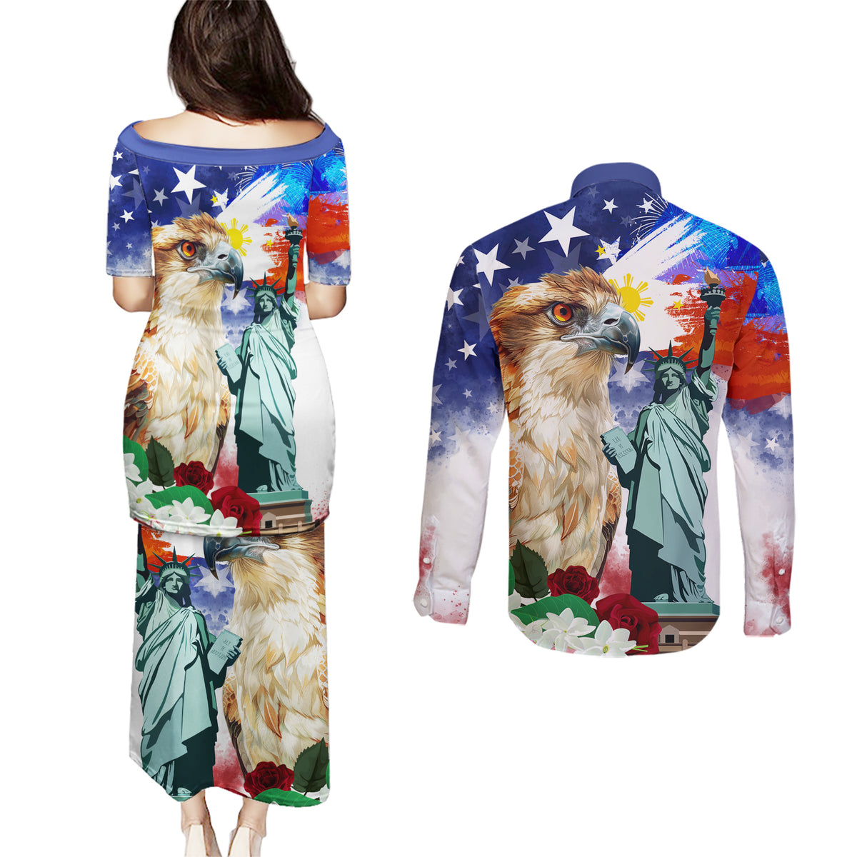 Philippines and American Together Couples Matching Puletasi and Long Sleeve Button Shirt Filipino Eagle and Statue of Liberty - Wonder Print Shop