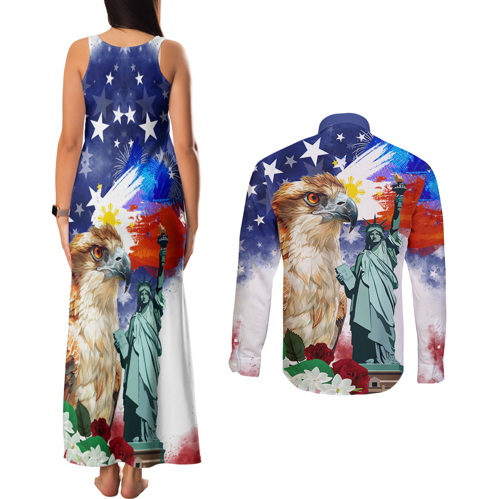 Philippines and American Together Couples Matching Tank Maxi Dress and Long Sleeve Button Shirt Filipino Eagle and Statue of Liberty - Wonder Print Shop