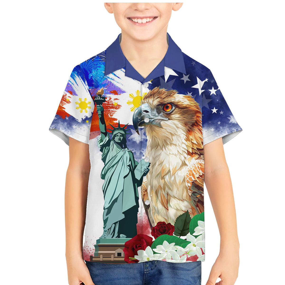 Philippines and American Together Family Matching Mermaid Dress and Hawaiian Shirt Filipino Eagle and Statue of Liberty - Wonder Print Shop