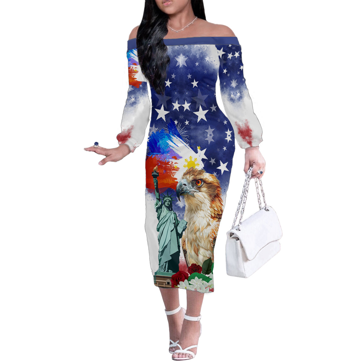 Philippines and American Together Family Matching Off The Shoulder Long Sleeve Dress and Hawaiian Shirt Filipino Eagle and Statue of Liberty - Wonder Print Shop