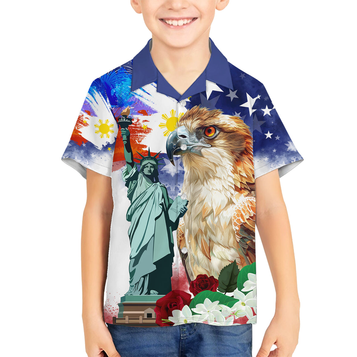 Philippines and American Together Family Matching Off The Shoulder Long Sleeve Dress and Hawaiian Shirt Filipino Eagle and Statue of Liberty - Wonder Print Shop