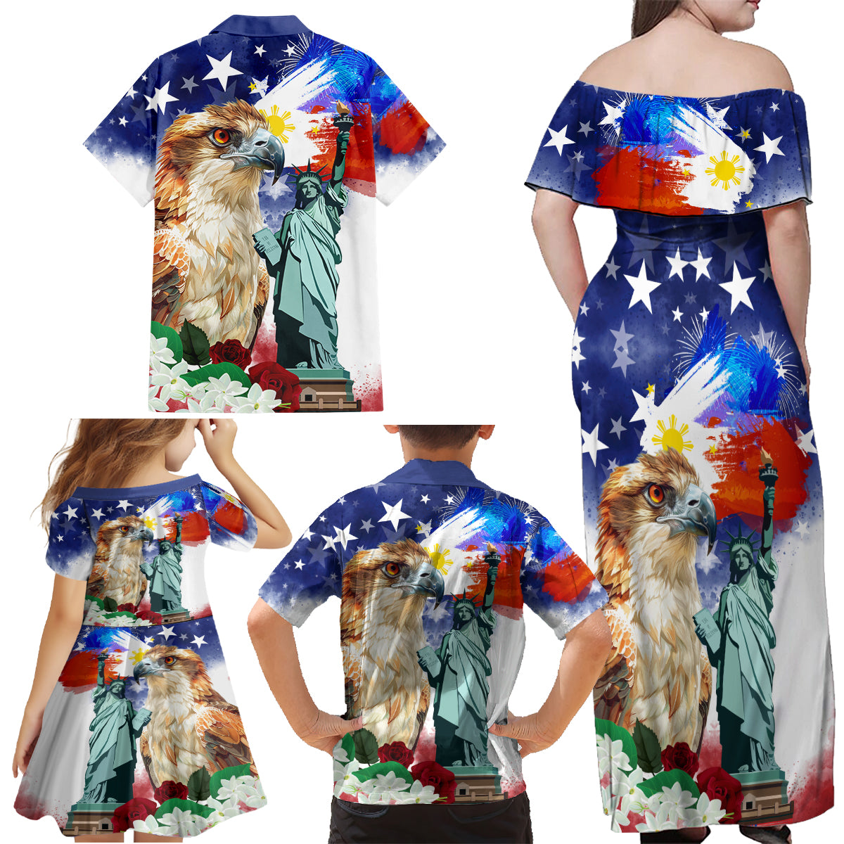 Philippines and American Together Family Matching Off Shoulder Maxi Dress and Hawaiian Shirt Filipino Eagle and Statue of Liberty - Wonder Print Shop