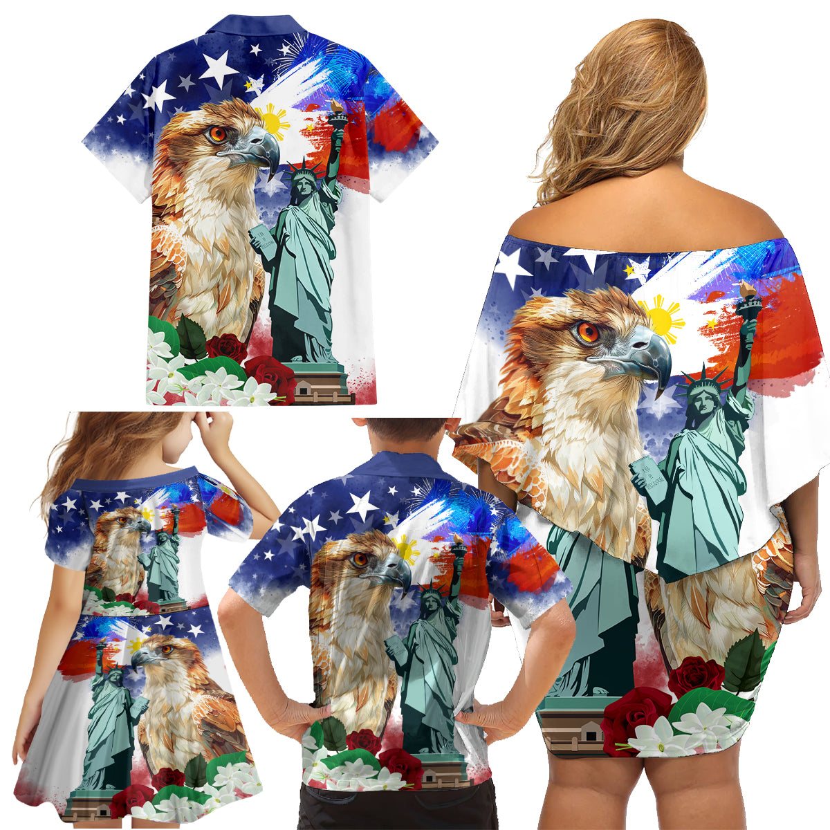 Philippines and American Together Family Matching Off Shoulder Short Dress and Hawaiian Shirt Filipino Eagle and Statue of Liberty - Wonder Print Shop