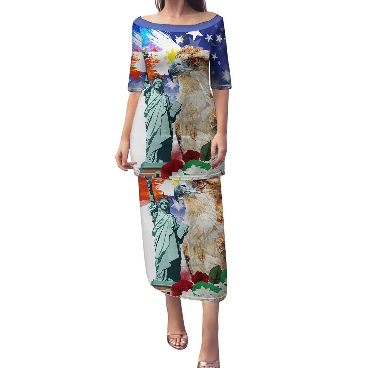Philippines and American Together Family Matching Puletasi and Hawaiian Shirt Filipino Eagle and Statue of Liberty - Wonder Print Shop