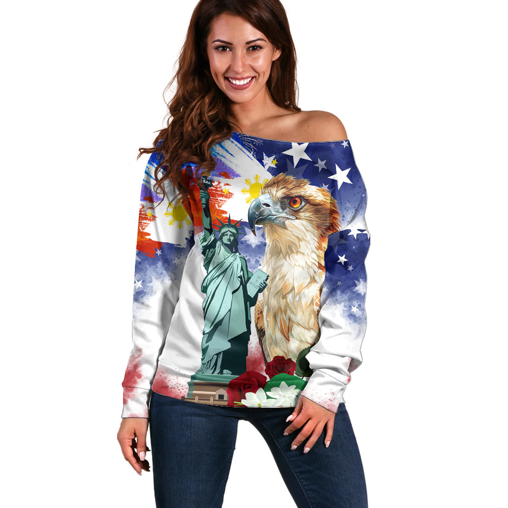 Philippines and American Together Off Shoulder Sweater Filipino Eagle and Statue of Liberty