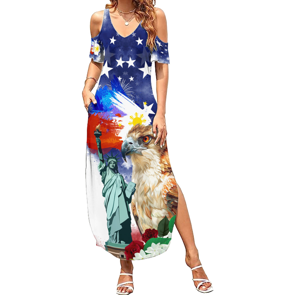 Philippines and American Together Summer Maxi Dress Filipino Eagle and Statue of Liberty - Wonder Print Shop