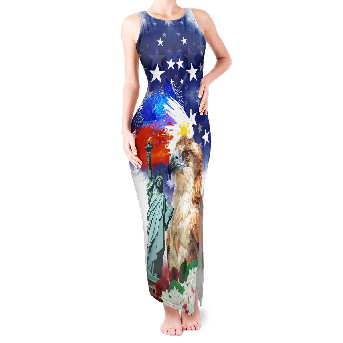 Philippines and American Together Tank Maxi Dress Filipino Eagle and Statue of Liberty - Wonder Print Shop
