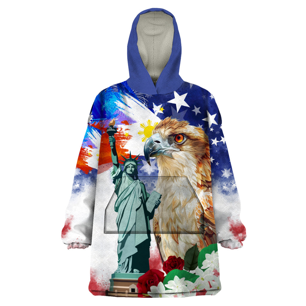 Philippines and American Together Wearable Blanket Hoodie Filipino Eagle and Statue of Liberty