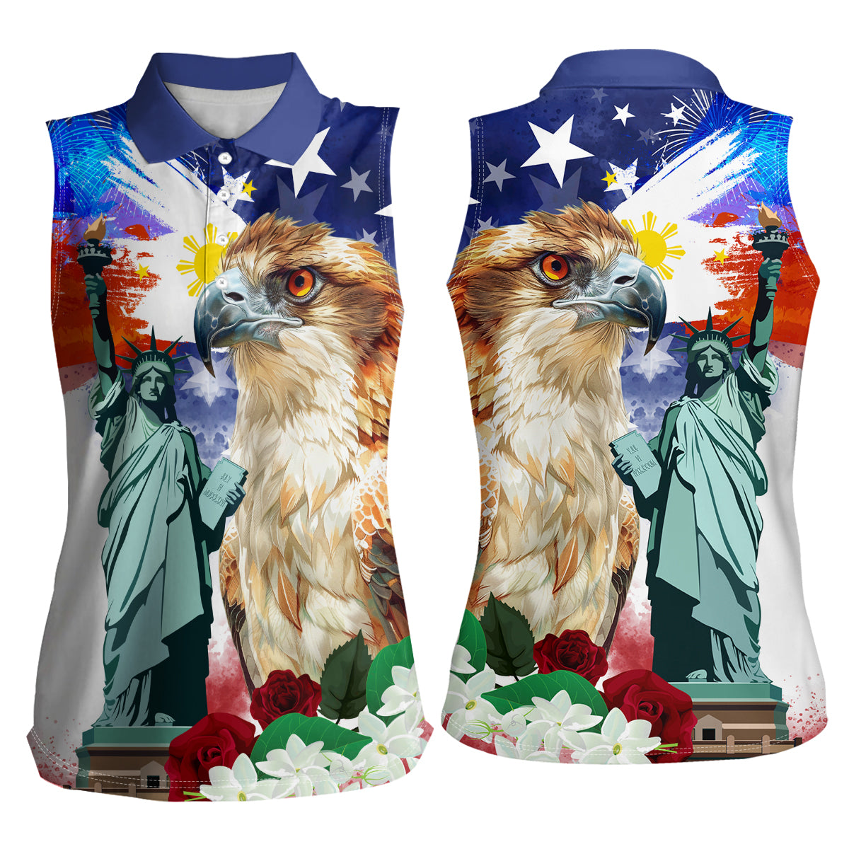 Philippines and American Together Women Sleeveless Polo Shirt Filipino Eagle and Statue of Liberty - Wonder Print Shop