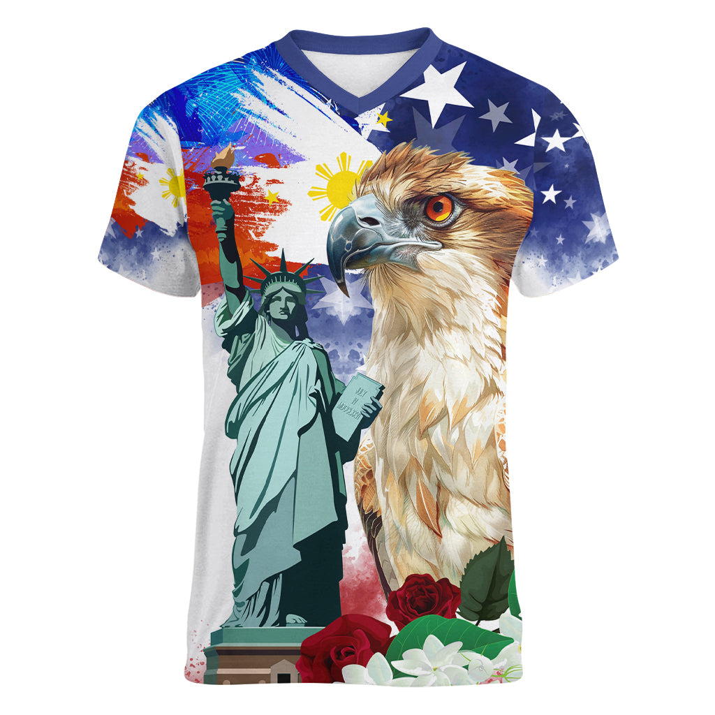 Philippines and American Together Women V-Neck T-Shirt Filipino Eagle and Statue of Liberty - Wonder Print Shop
