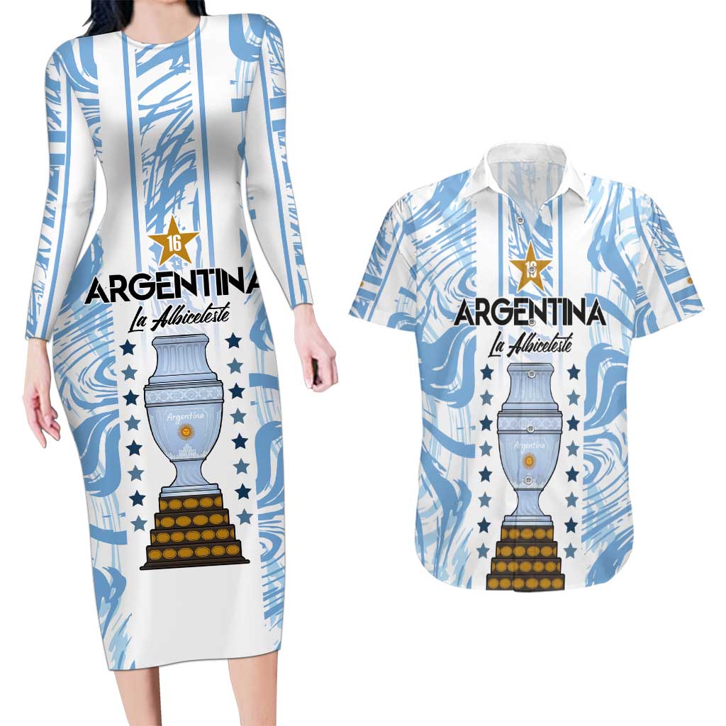 Custom Argentina Champion Football 2024 Couples Matching Long Sleeve Bodycon Dress and Hawaiian Shirt La Albiceleste Campeon de America - Wonder Print Shop