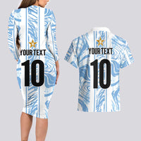 Custom Argentina Champion Football 2024 Couples Matching Long Sleeve Bodycon Dress and Hawaiian Shirt La Albiceleste Campeon de America - Wonder Print Shop