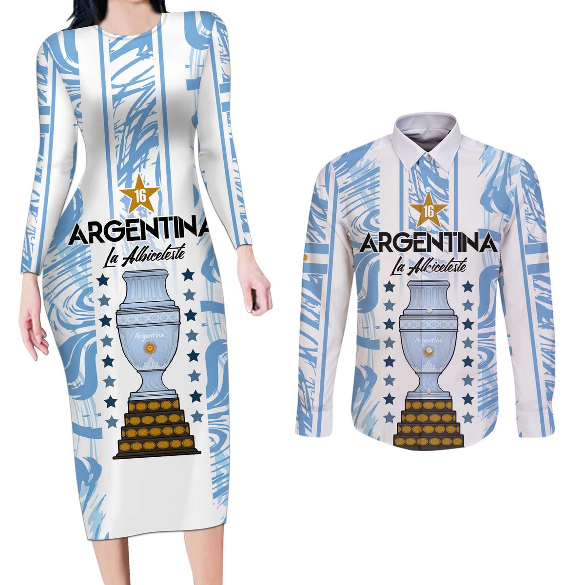 Custom Argentina Champion Football 2024 Couples Matching Long Sleeve Bodycon Dress and Long Sleeve Button Shirt La Albiceleste Campeon de America - Wonder Print Shop